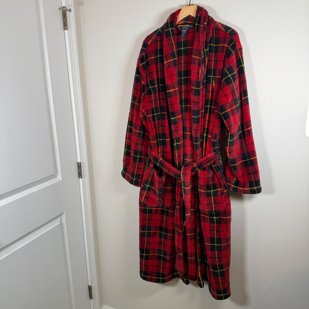 Polo Ralph Lauren Men's Plaid Tie Waist Fleece Long Line Robe Lounge Wear S/M